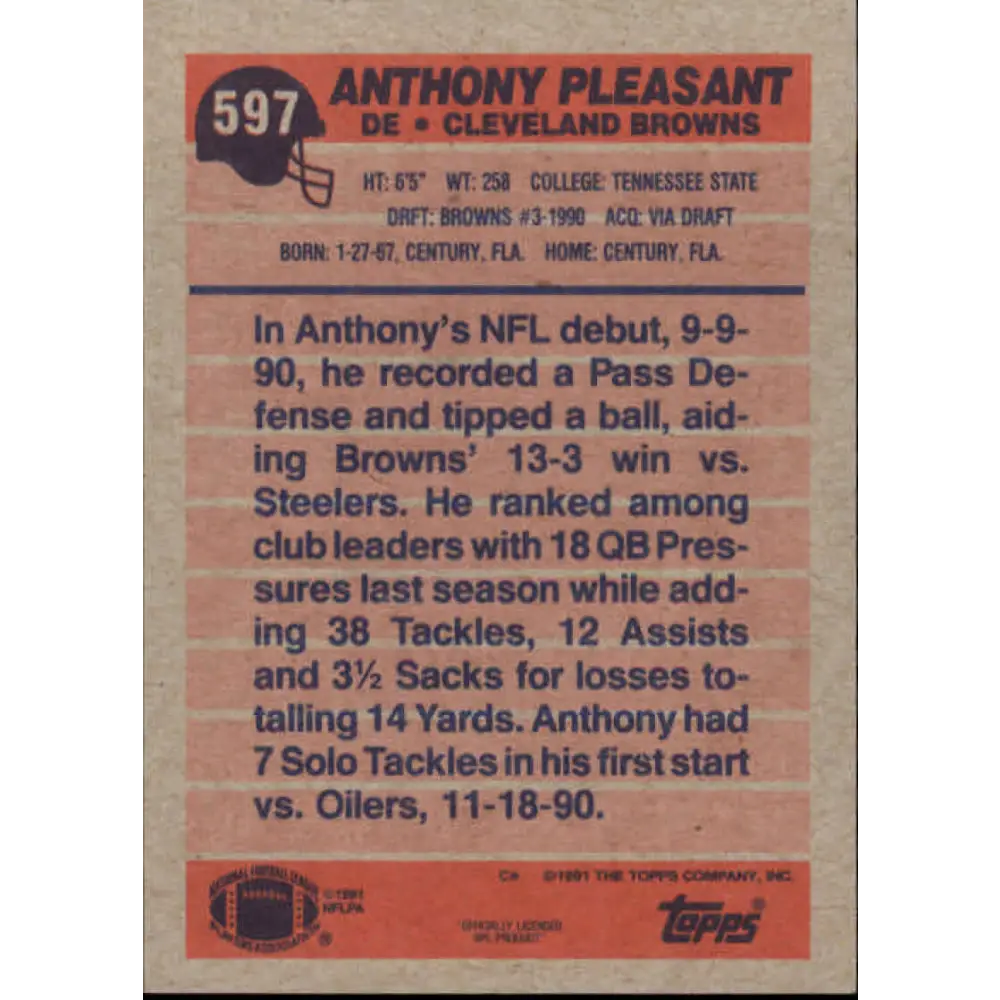 1991 Topps #597 Anthony Pleasant NM-MT Cleveland Browns Football Card  Image 2
