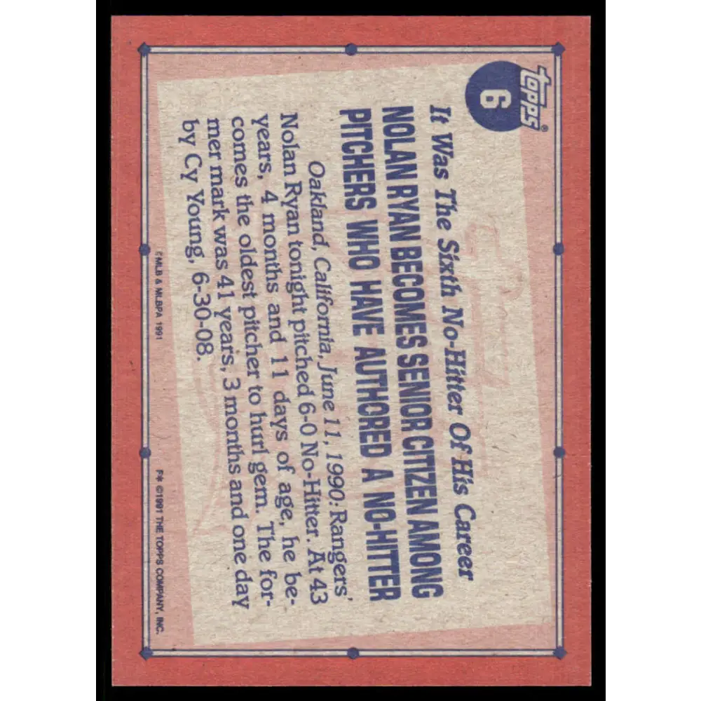 1991 Topps #6 Nolan Ryan EX/NM Texas Rangers Baseball Card Image 2