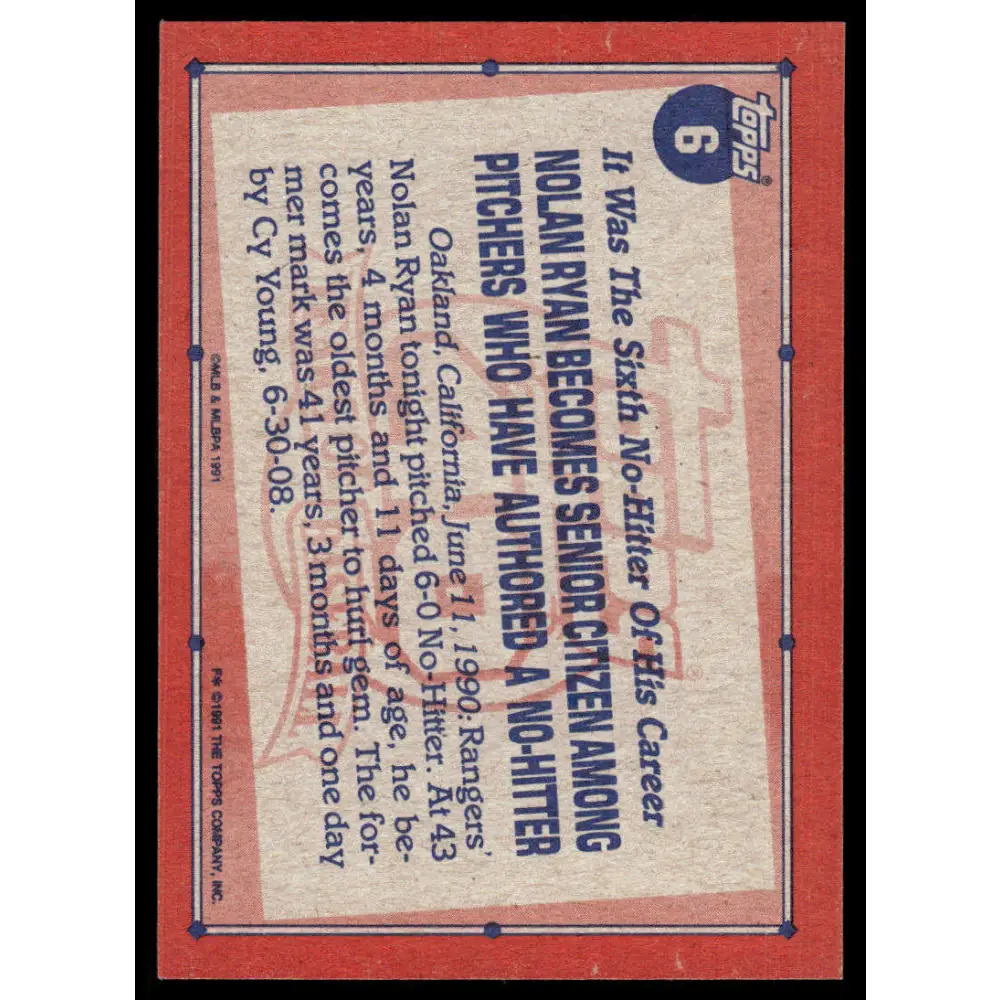 1991 Topps #6 Nolan Ryan EX/NM Texas Rangers Baseball Card Image 2