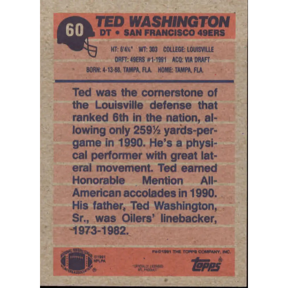 1991 Topps #60 Ted Washington NM-MT RC Rookie San Francisco 49ers Football Card  Image 2