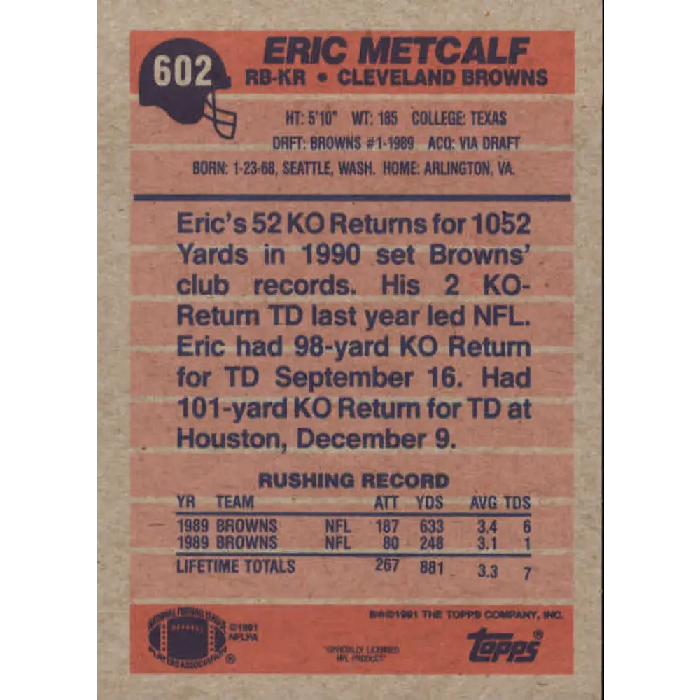 1991 Topps #602 Eric Metcalf NM-MT Cleveland Browns Football Card  Image 2