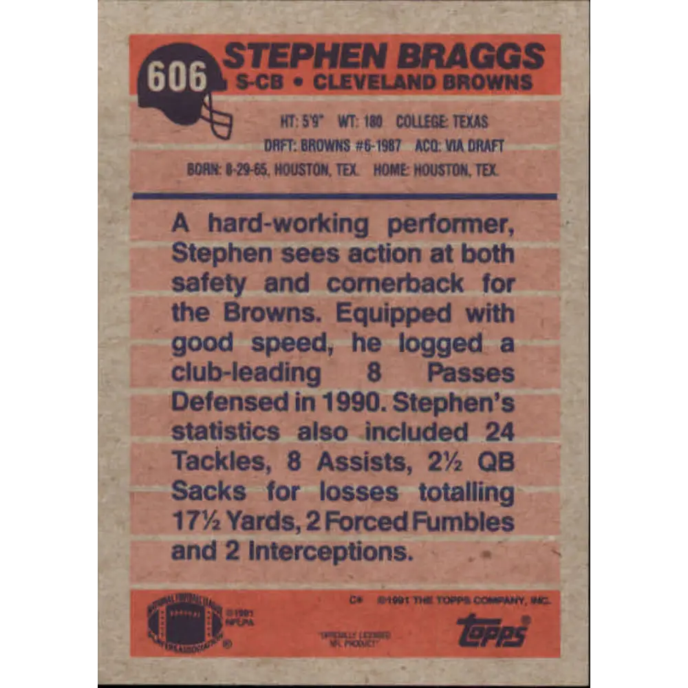 1991 Topps #606 Stephen Braggs NM-MT Cleveland Browns Football Card  Image 2
