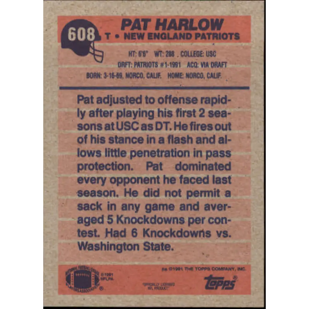 1991 Topps #608 Pat Harlow NM-MT RC Rookie New England Patriots Football Card  Image 2