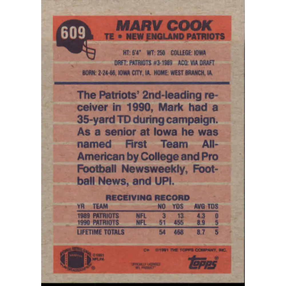 1991 Topps #609 Marv Cook NM-MT New England Patriots Football Card  Image 2