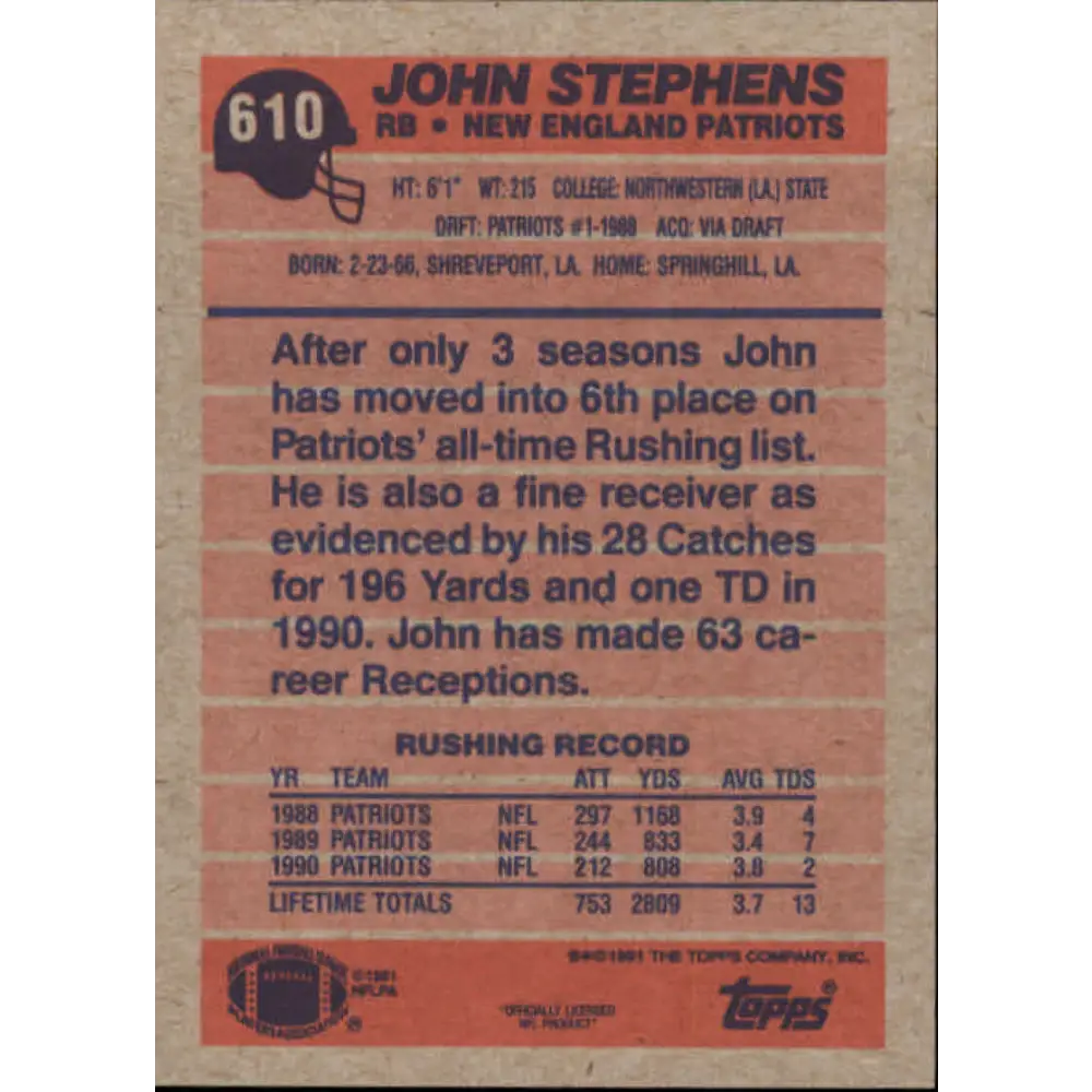 1991 Topps #610 John Stephens NM-MT New England Patriots Football Card  Image 2