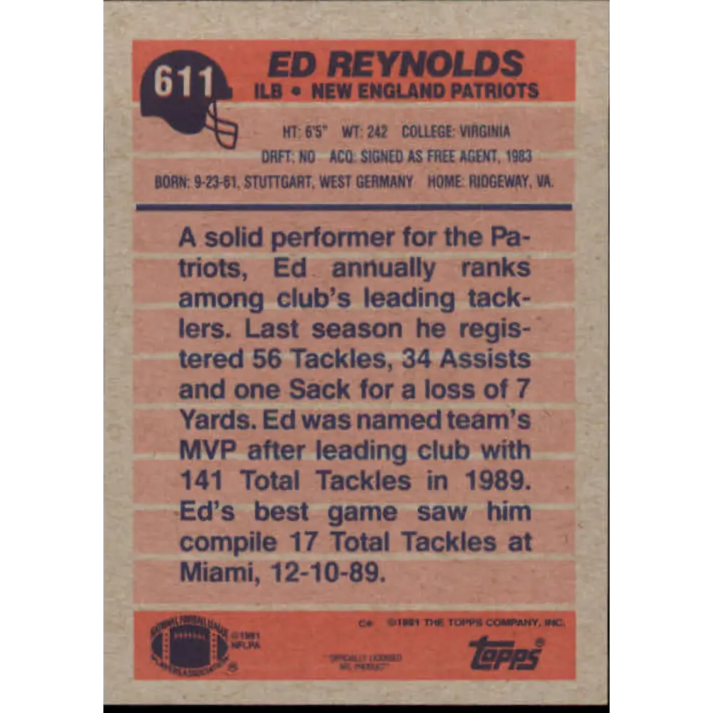 1991 Topps #611 Ed Reynolds NM-MT New England Patriots Football Card  Image 2