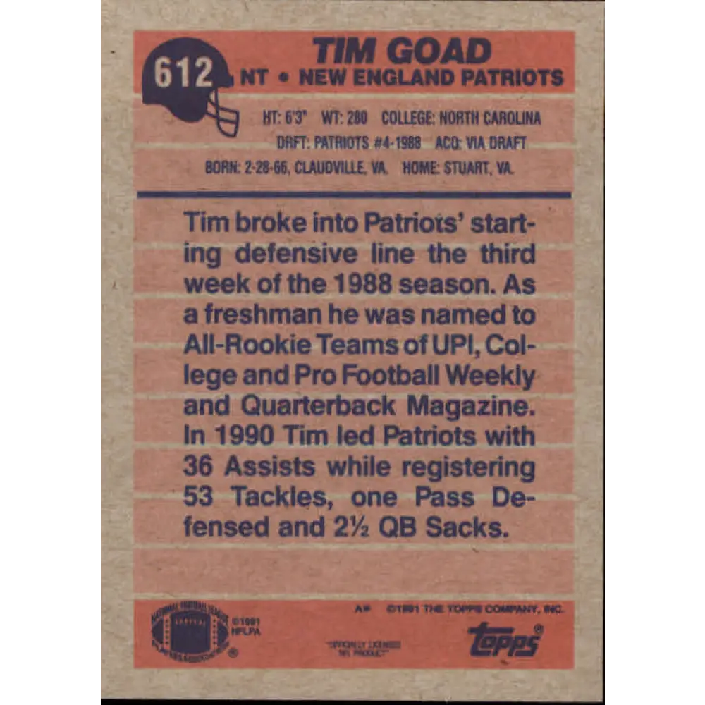 1991 Topps #612 Tim Goad NM-MT New England Patriots Football Card  Image 2