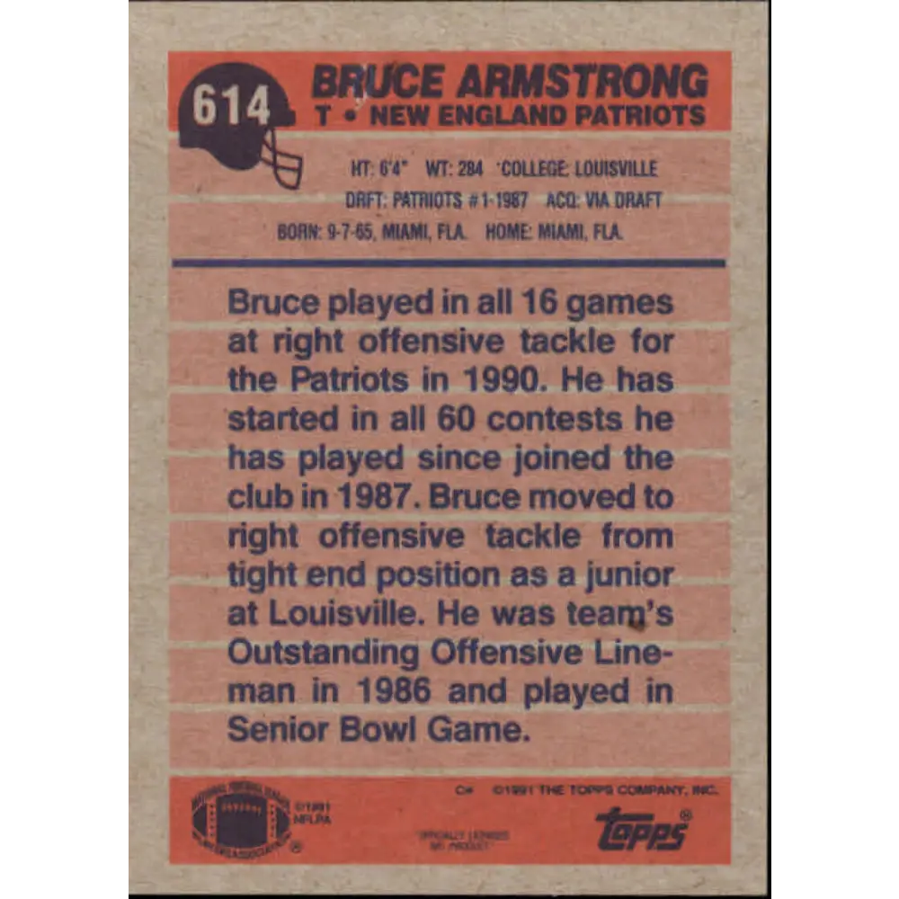 1991 Topps #614 Bruce Armstrong NM-MT New England Patriots Football Card  Image 2