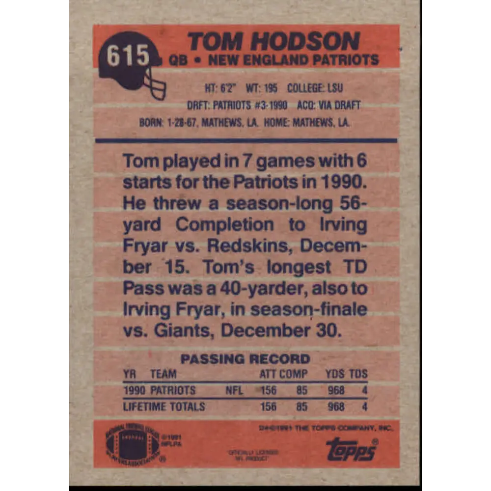 1991 Topps #615 Tom Hodson NM-MT New England Patriots Football Card  Image 2