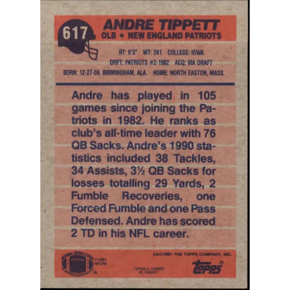 1991 Topps #617 Andre Tippett NM-MT New England Patriots Football Card  Image 2