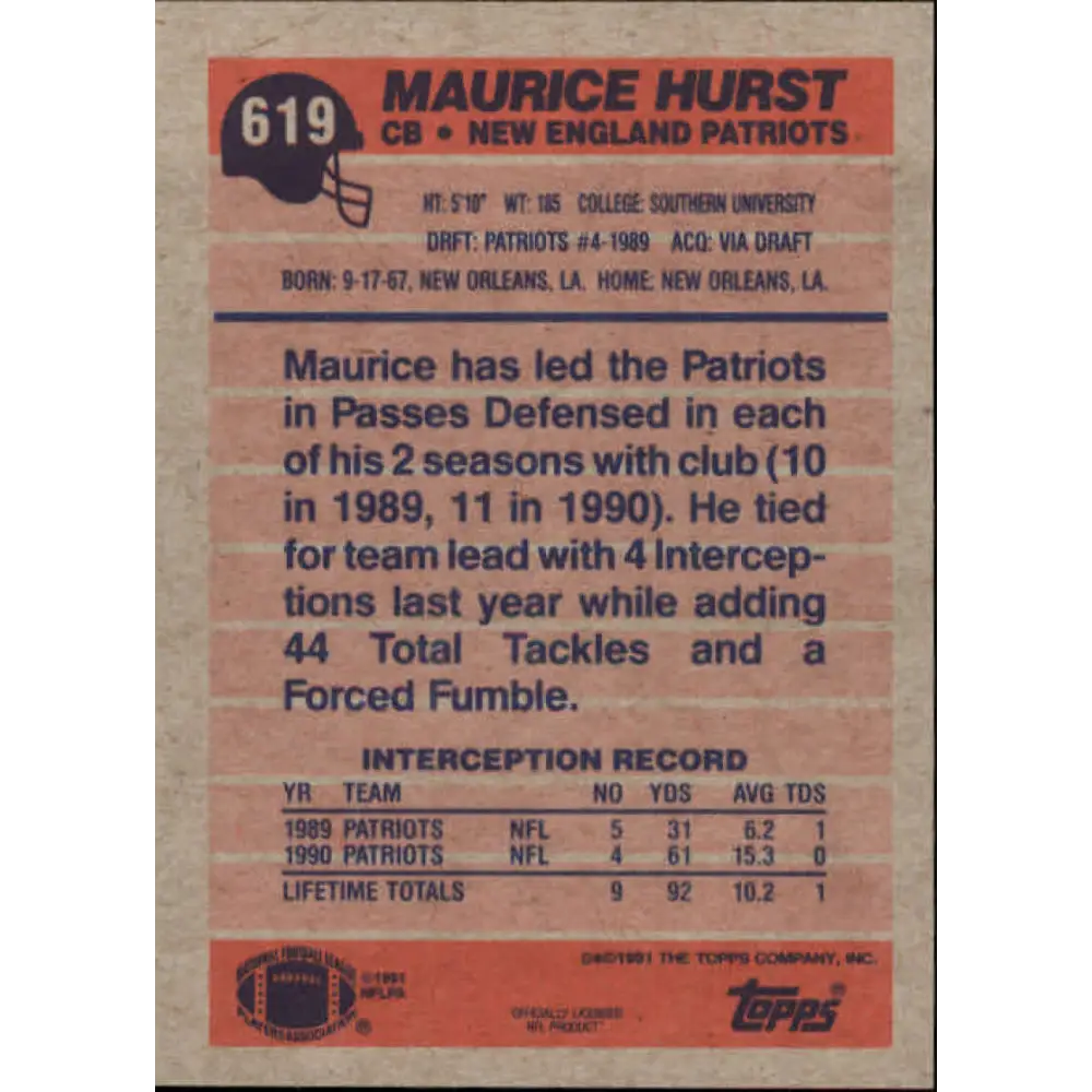 1991 Topps #619 Maurice Hurst NM-MT New England Patriots Football Card  Image 2