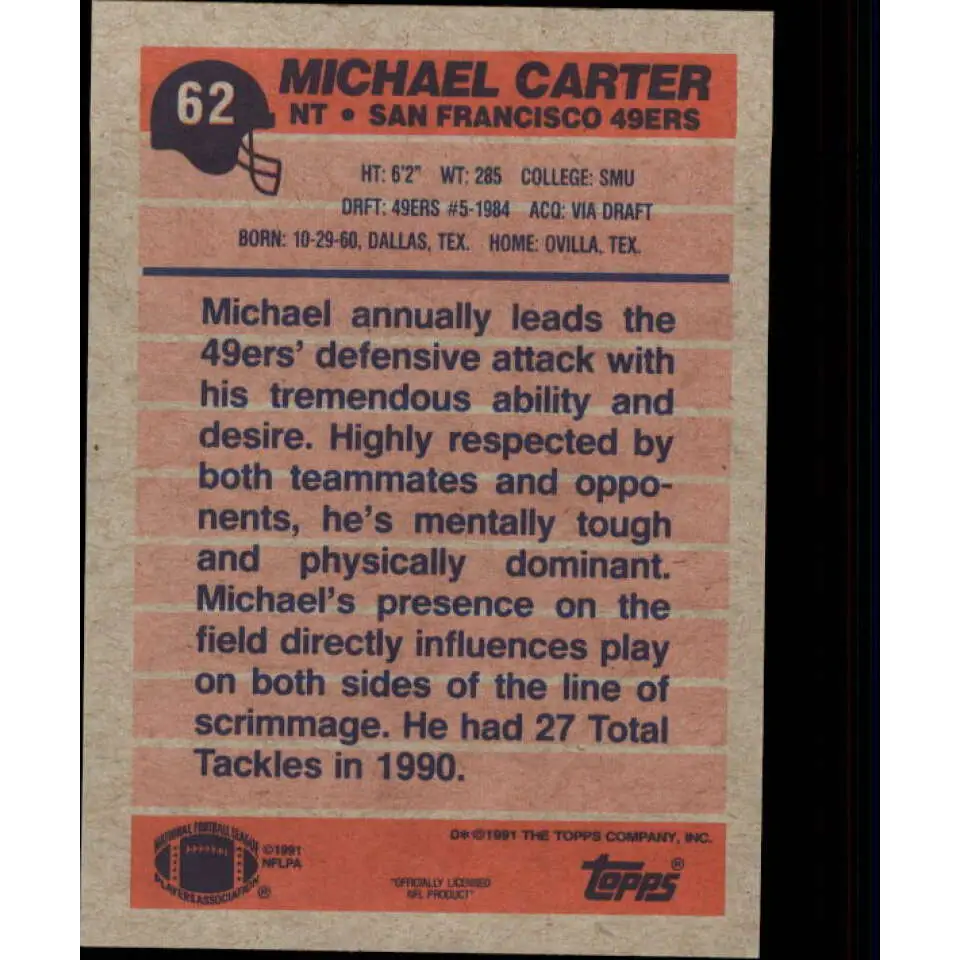 1991 Topps #62 Michael Carter NM-MT San Francisco 49ers Football Card  Image 2