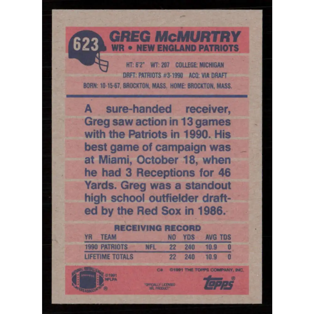 1991 Topps #623 Greg McMurtry NM-MT New England Patriots Football Card  Image 2