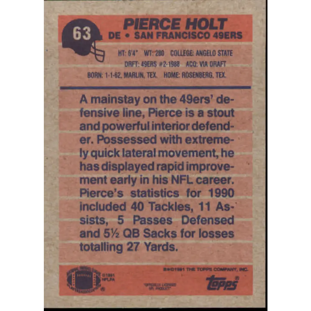 1991 Topps #63 Pierce Holt NM-MT San Francisco 49ers Football Card  Image 2