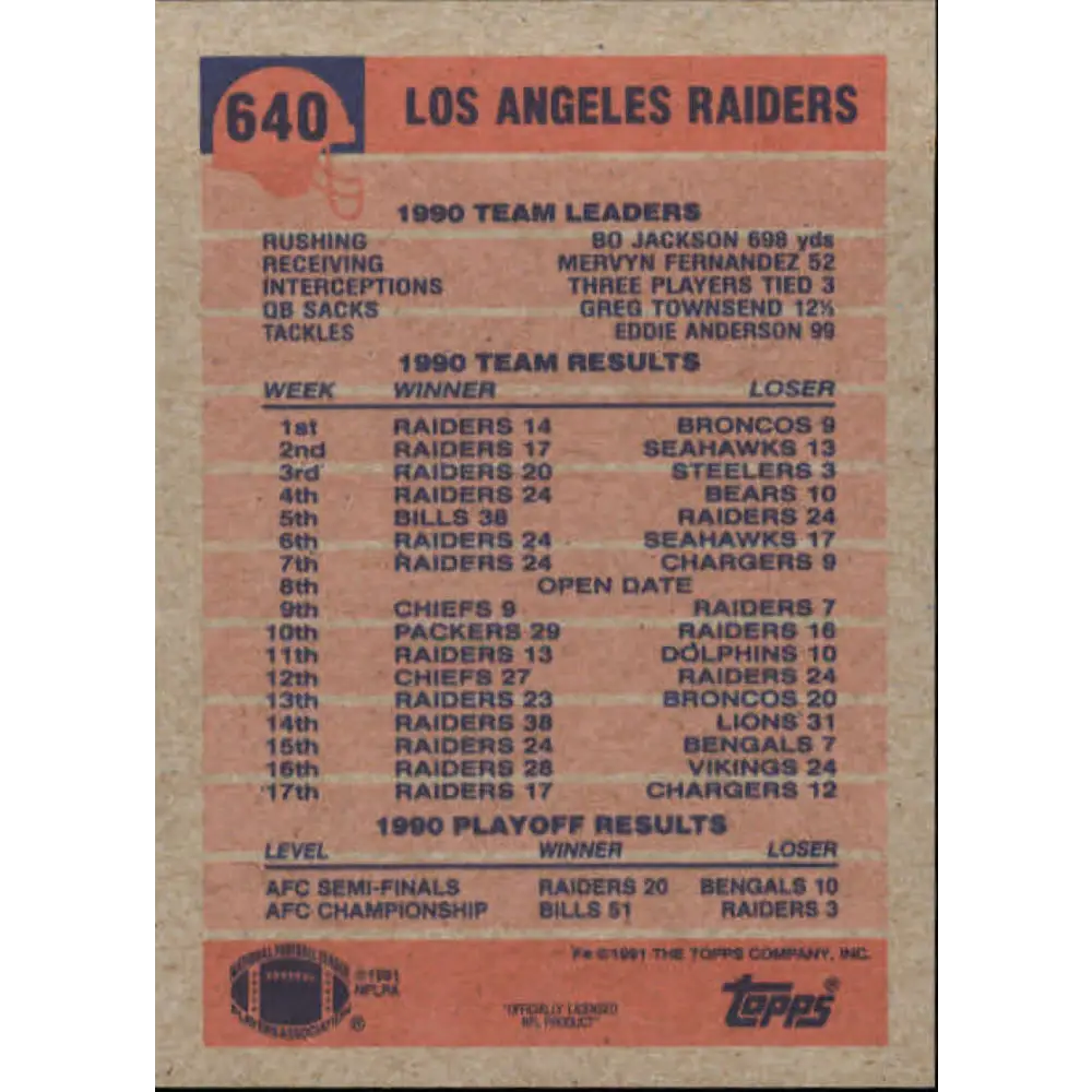 1991 Topps #640 Marcus Allen NM-MT Los Angeles Raiders Football Card  Image 2