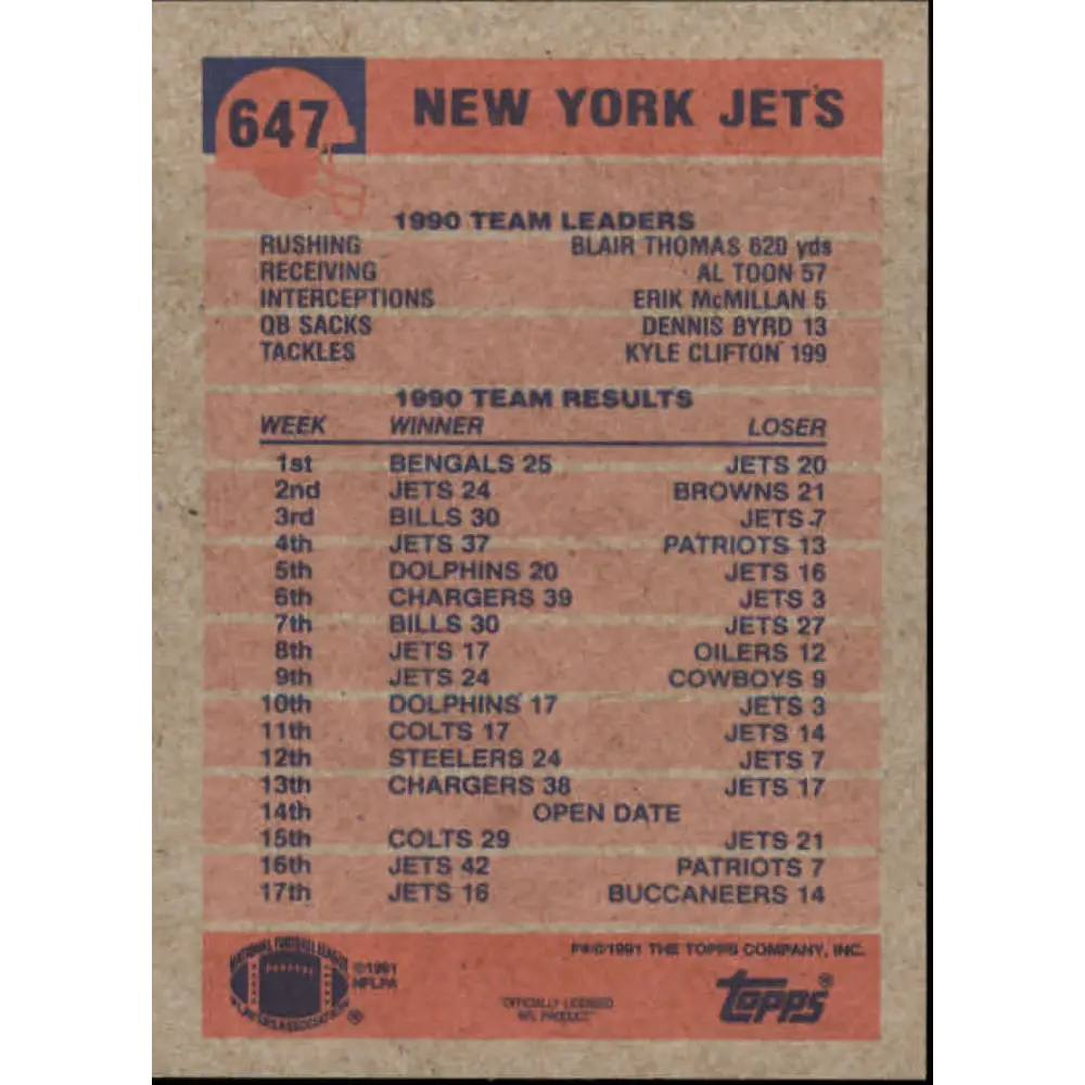 1991 Topps #647 Pat Leahy NM-MT New York Jets Football Card  Image 2