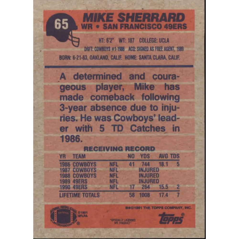 1991 Topps #65 Mike Sherrard NM-MT San Francisco 49ers Football Card  Image 2