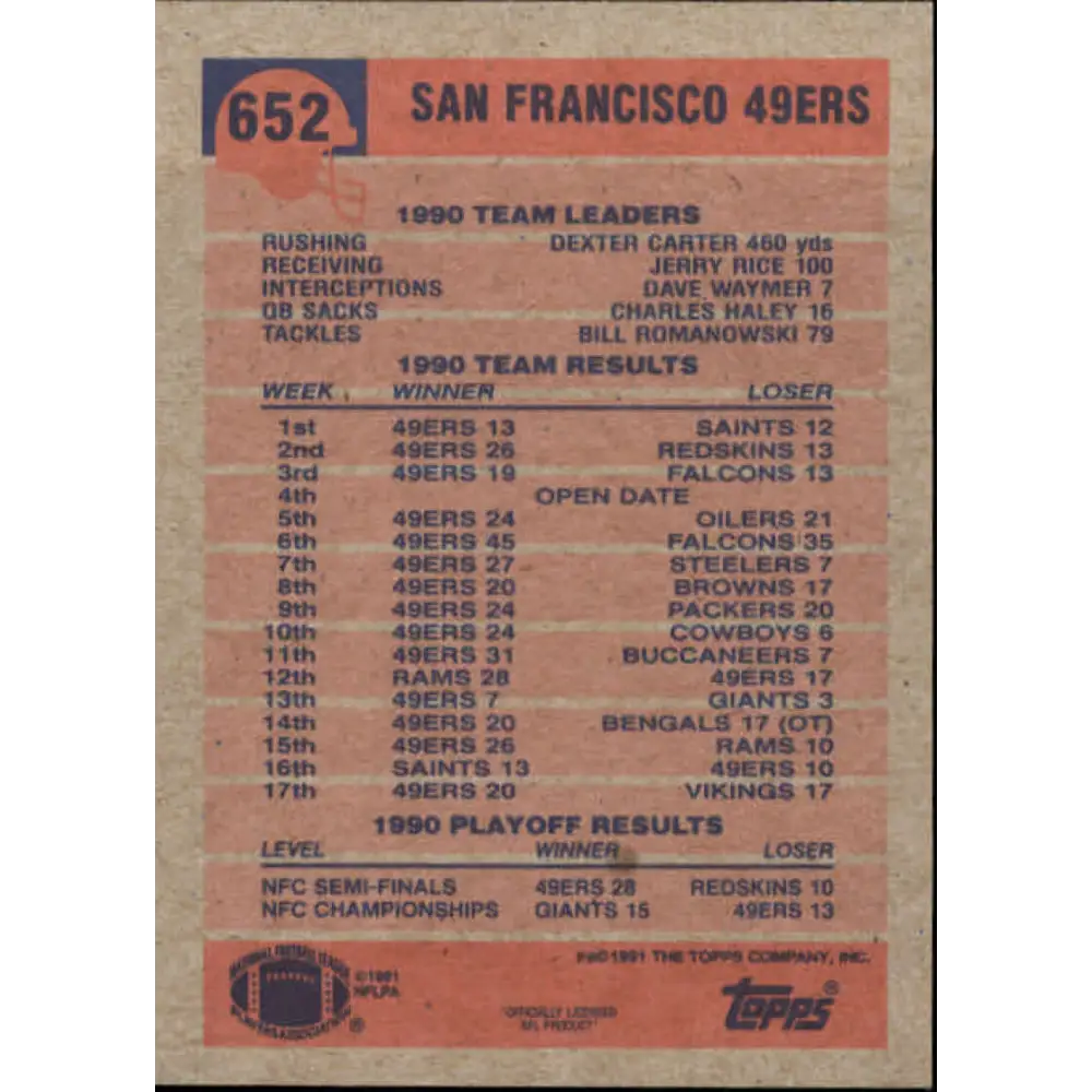 1991 Topps #652 Dexter Carter/Tom Rathman NM-MT San Francisco 49ers Football Card  Image 2