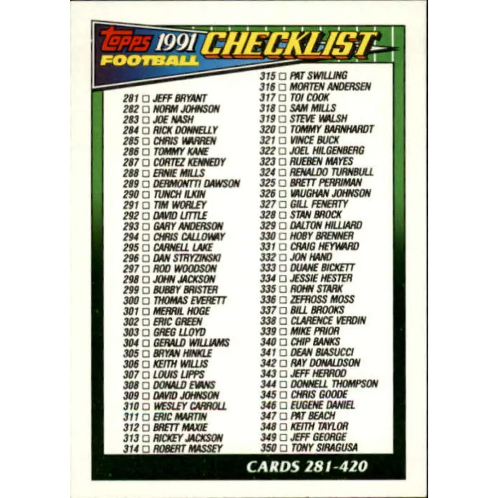1991 Topps #658 Checklist 281-420 NM-MT Football Card  Image 1