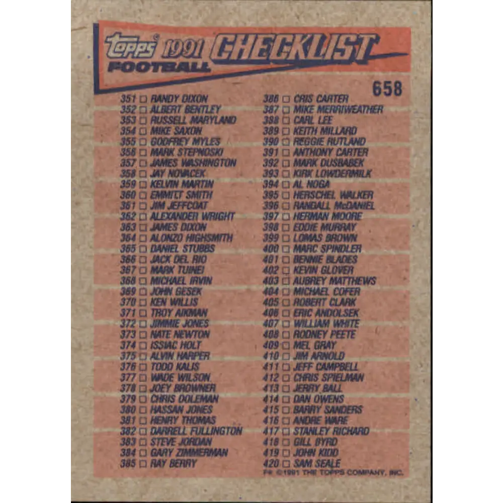 1991 Topps #658 Checklist 281-420 NM-MT Football Card  Image 2