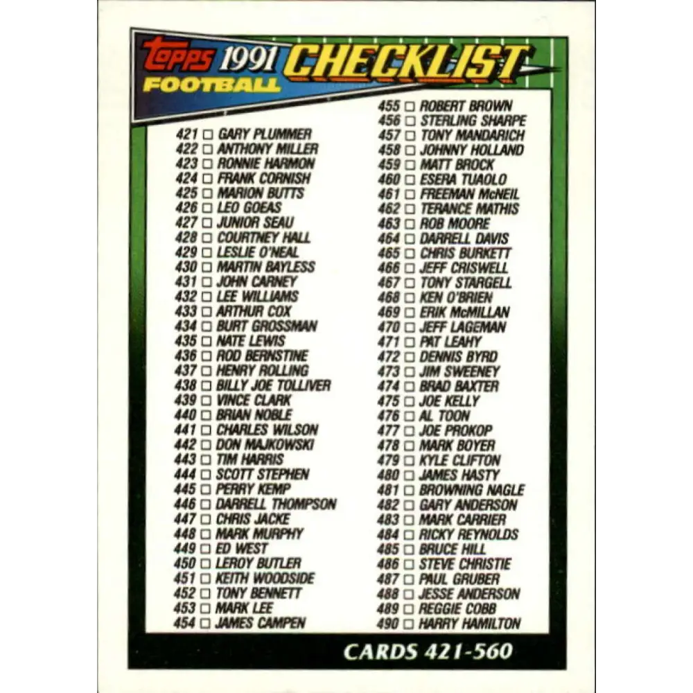 1991 Topps #659 Checklist 421-560 NM-MT Football Card  Image 1