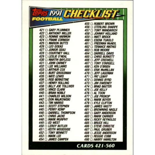 1991 Topps #659 Checklist 421-560 NM-MT Football Card  Image 1