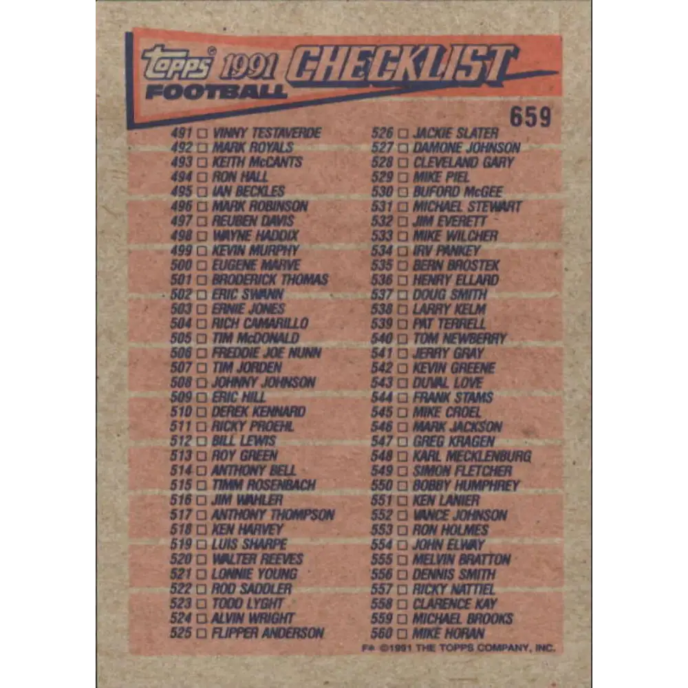1991 Topps #659 Checklist 421-560 NM-MT Football Card  Image 2