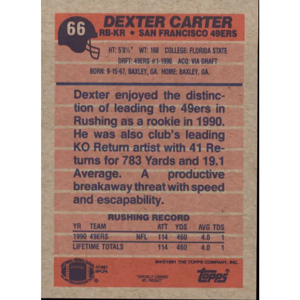 1991 Topps #66 Dexter Carter NM-MT San Francisco 49ers Football Card  Image 2