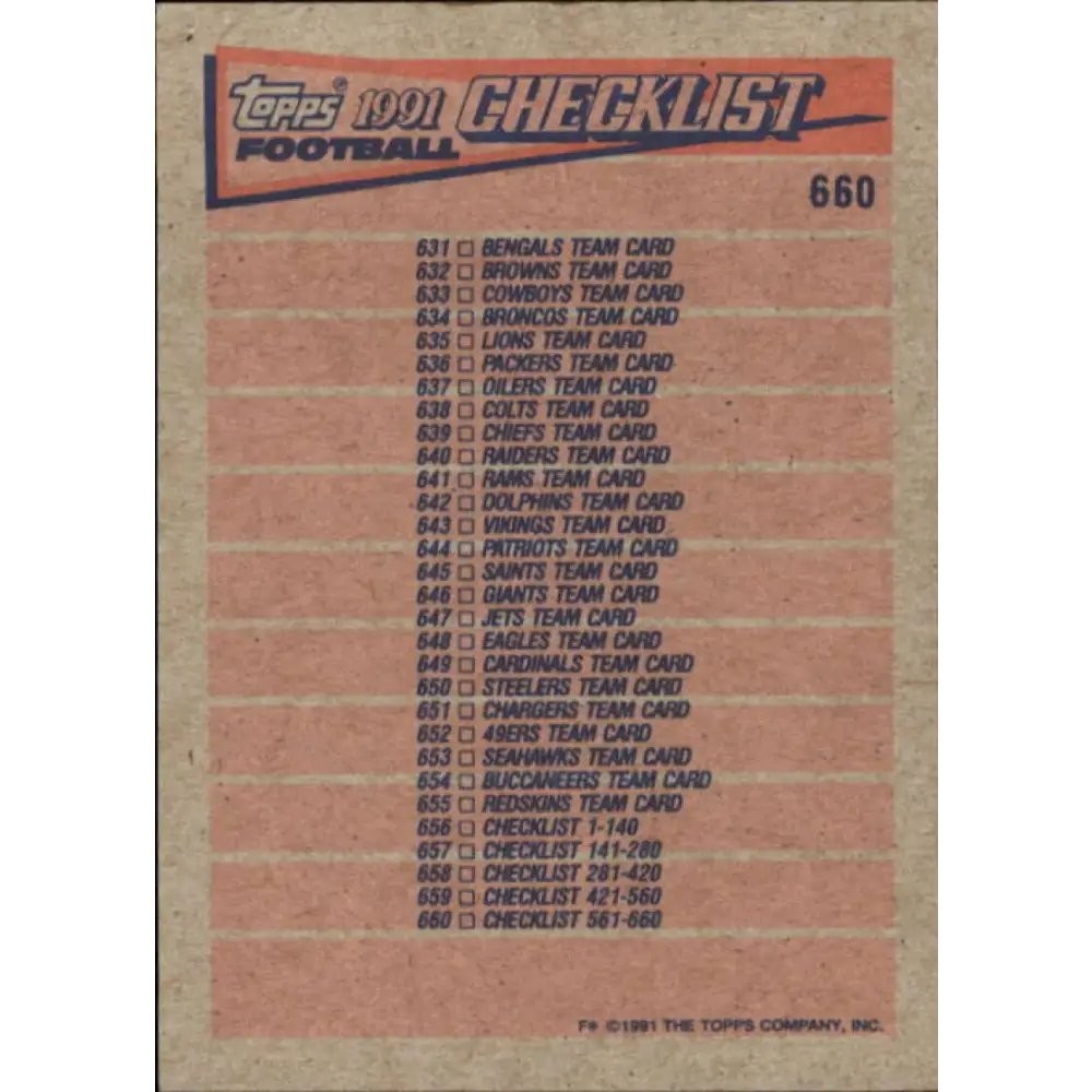1991 Topps #660 Checklist 561-660 NM-MT Football Card  Image 2