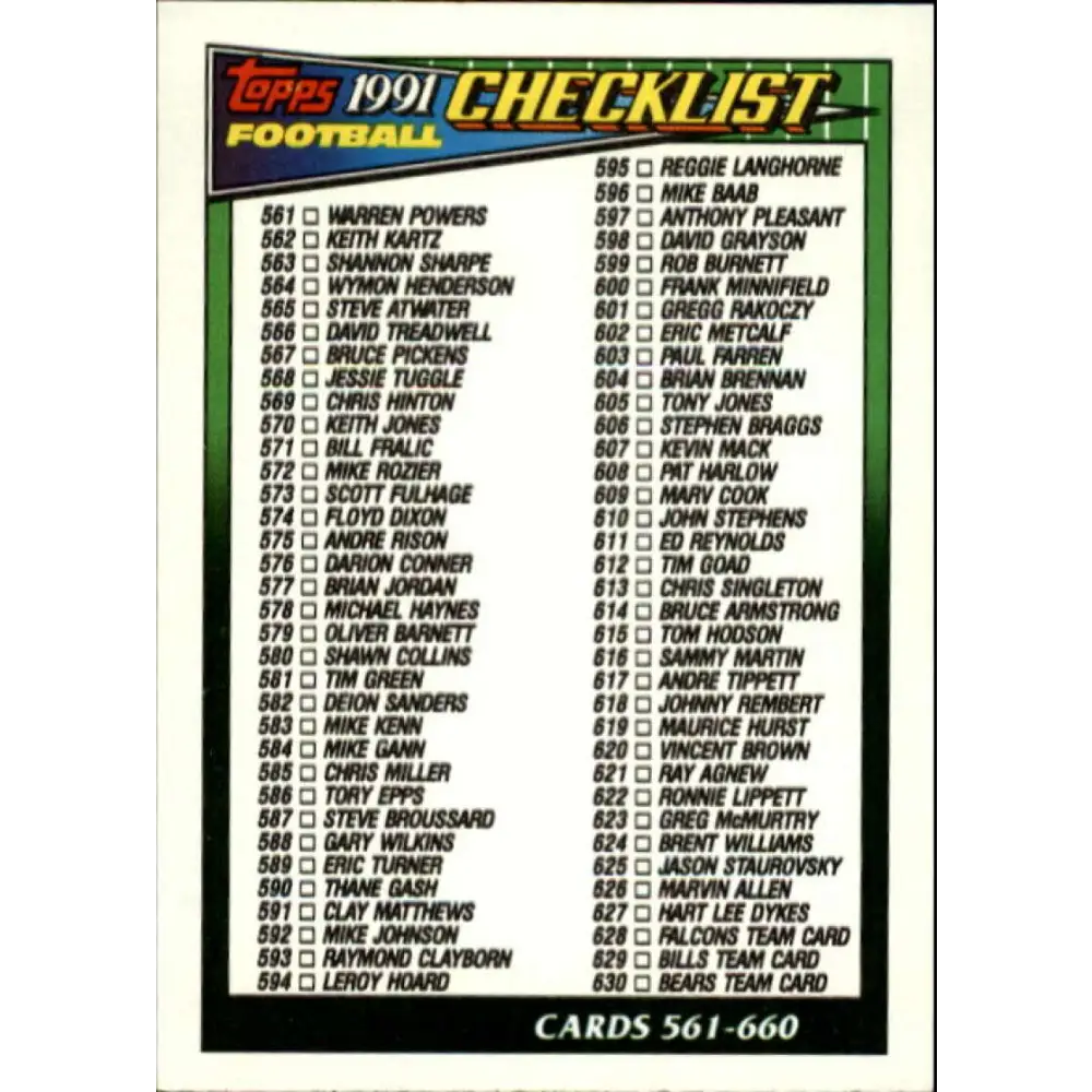 1991 Topps #660 Checklist 561-660 NM-MT Football Card  Image 1