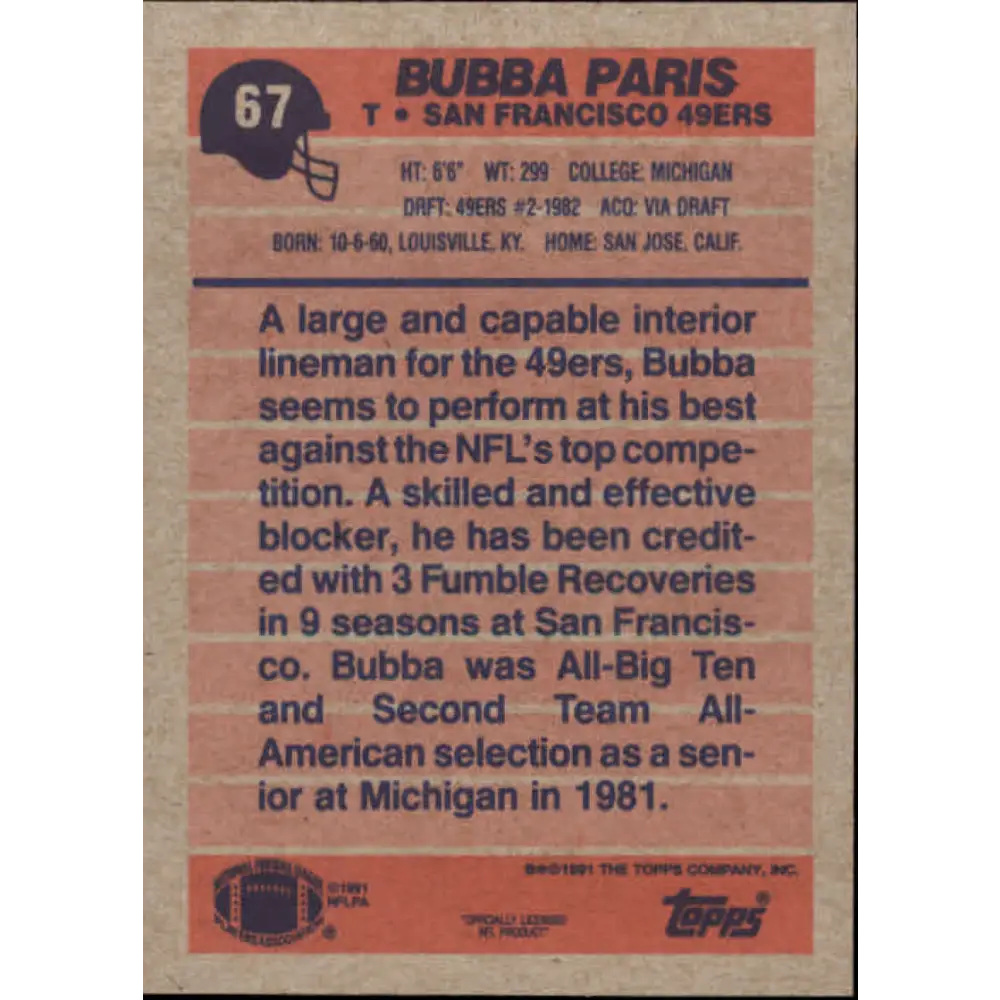 1991 Topps #67 Bubba Paris NM-MT San Francisco 49ers Football Card  Image 2