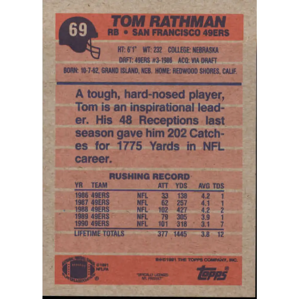 1991 Topps #69 Tom Rathman NM-MT San Francisco 49ers Football Card  Image 2