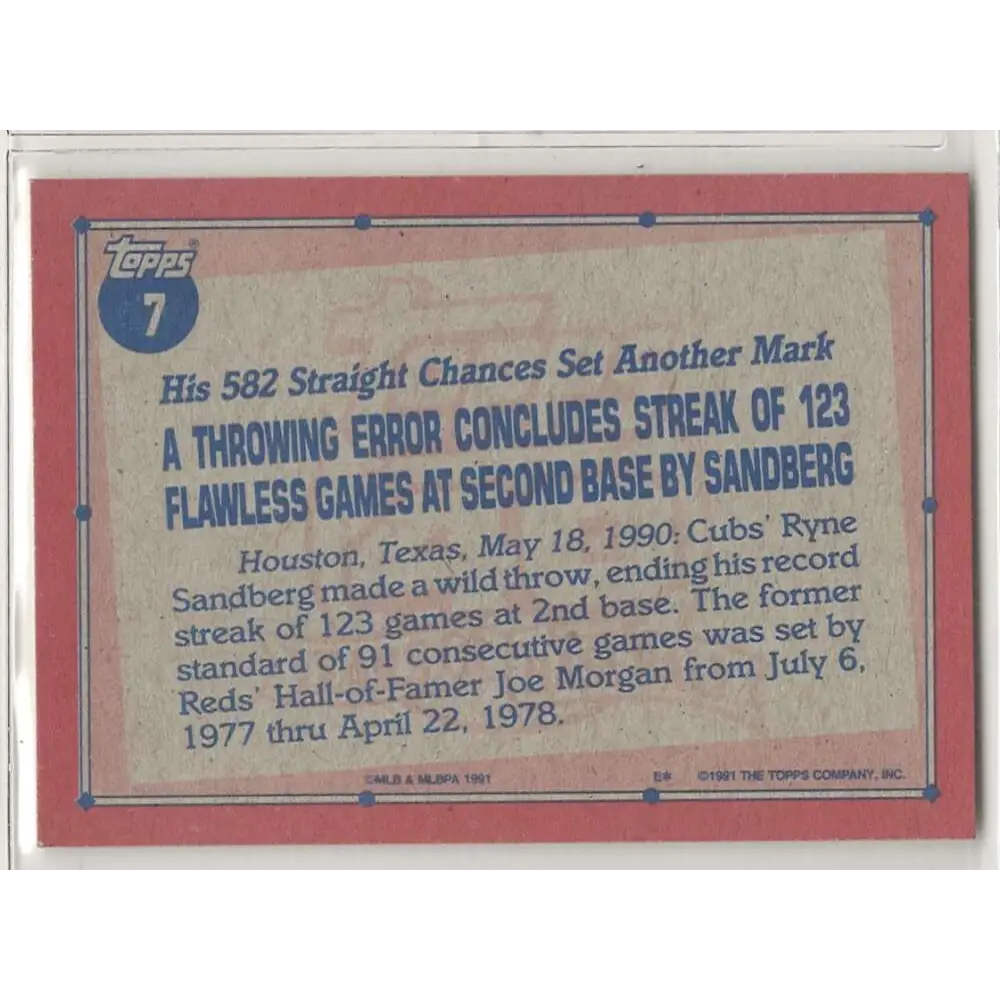 1991 Topps #7 Ryne Sandberg NM-MT Chicago Cubs Baseball Card  Image 2