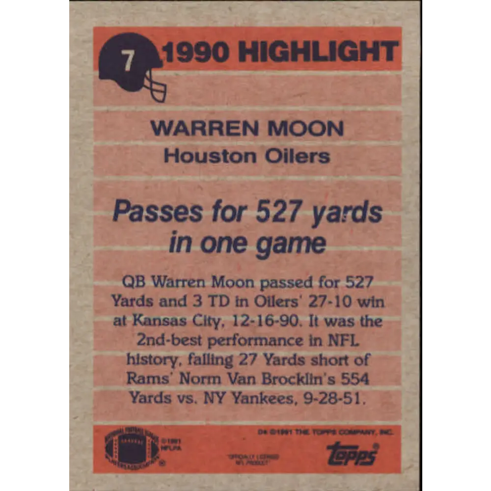 1991 Topps #7 Warren Moon NM-MT Houston Oilers Football Card  Image 2