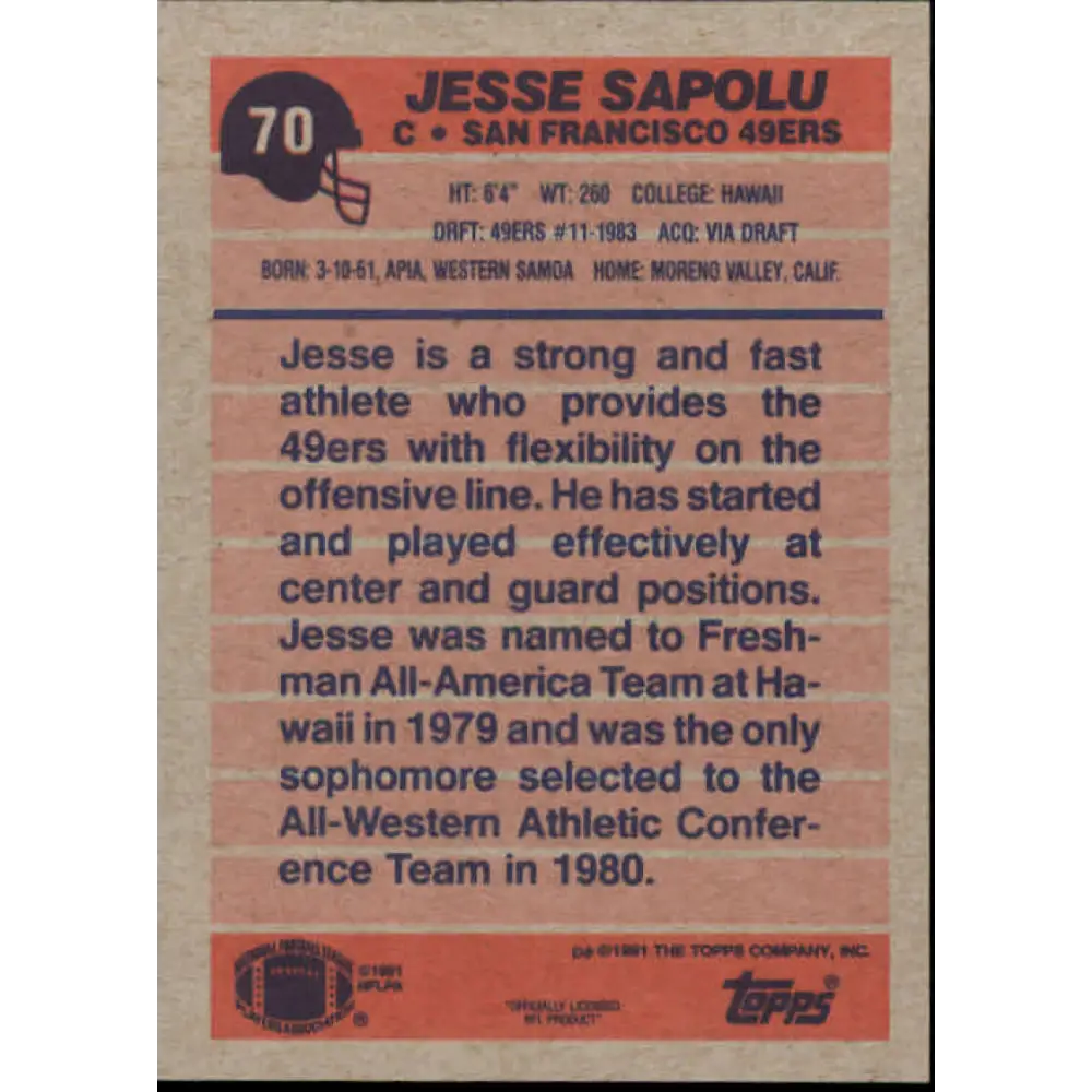 1991 Topps #70 Jesse Sapolu NM-MT San Francisco 49ers Football Card  Image 2