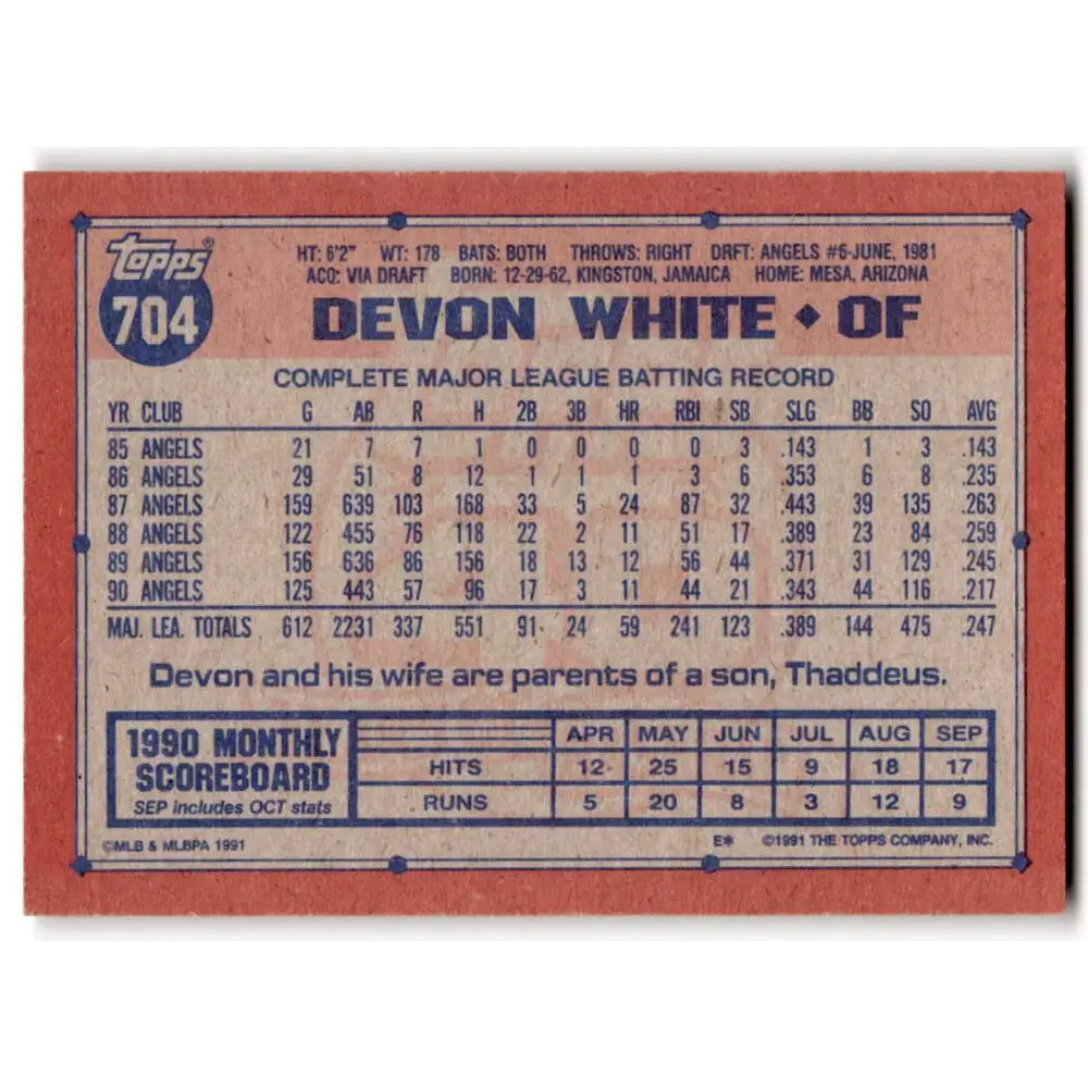 1991 Topps #704 Devon White NM-MT California Angels Baseball Card  Image 2