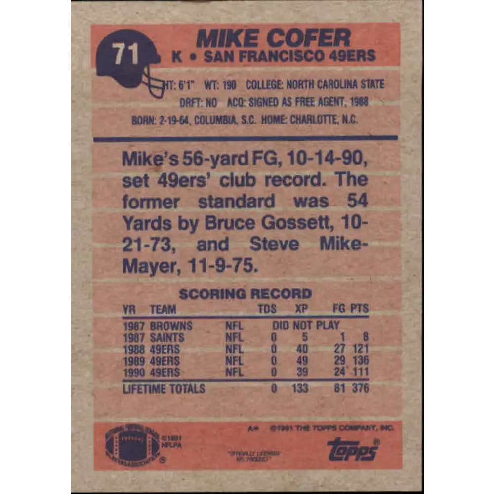 1991 Topps #71 Mike Cofer NM-MT San Francisco 49ers Football Card  Image 2