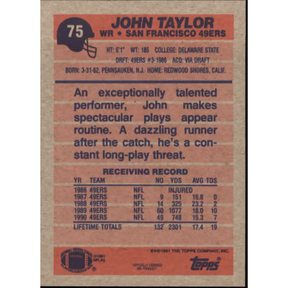1991 Topps #75 John Taylor NM-MT San Francisco 49ers Football Card  Image 2