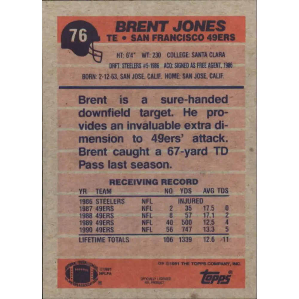 1991 Topps #76 Brent Jones NM-MT San Francisco 49ers Football Card  Image 2