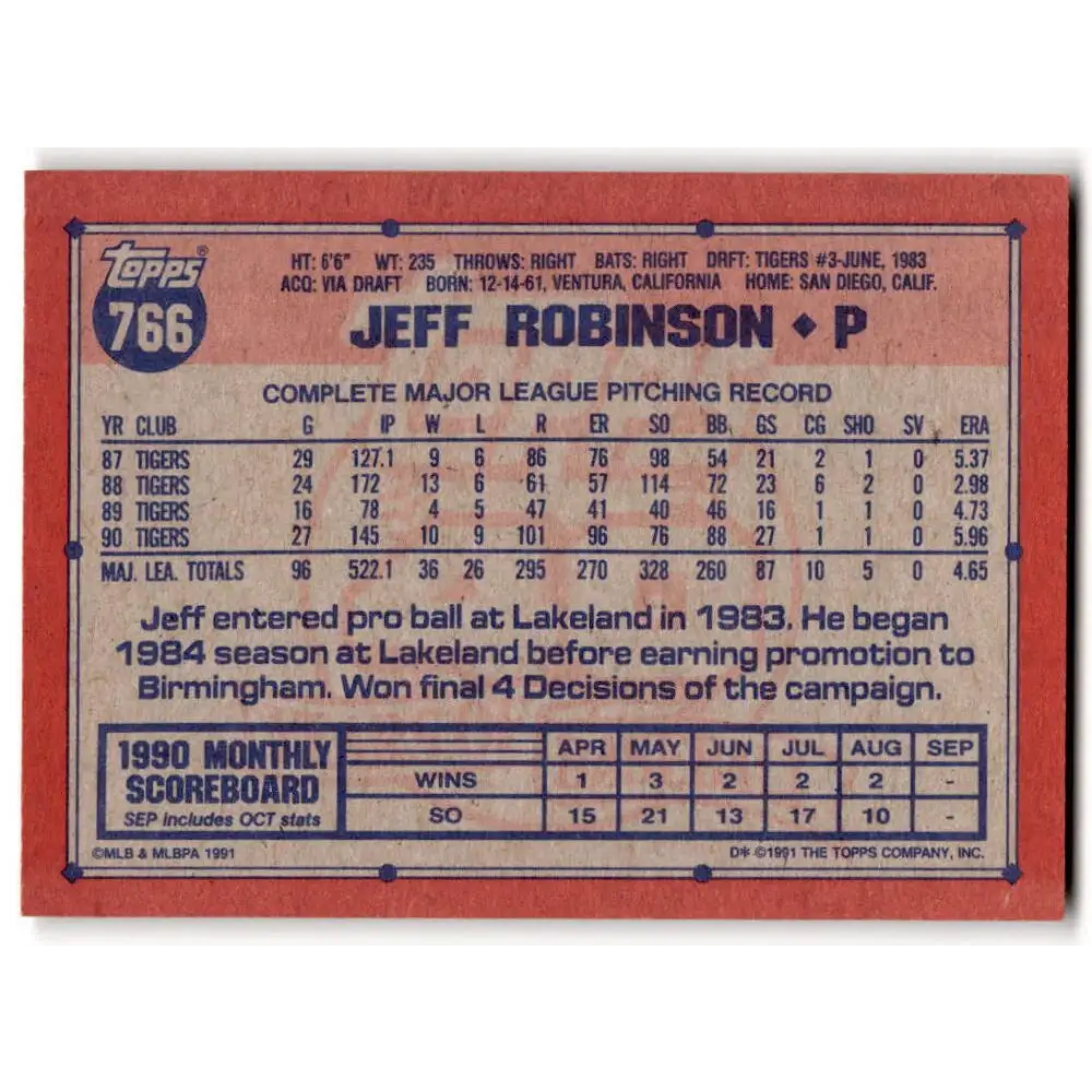 1991 Topps #766 Jeff Robinson NM-MT Detroit Tigers Baseball Card  Image 2