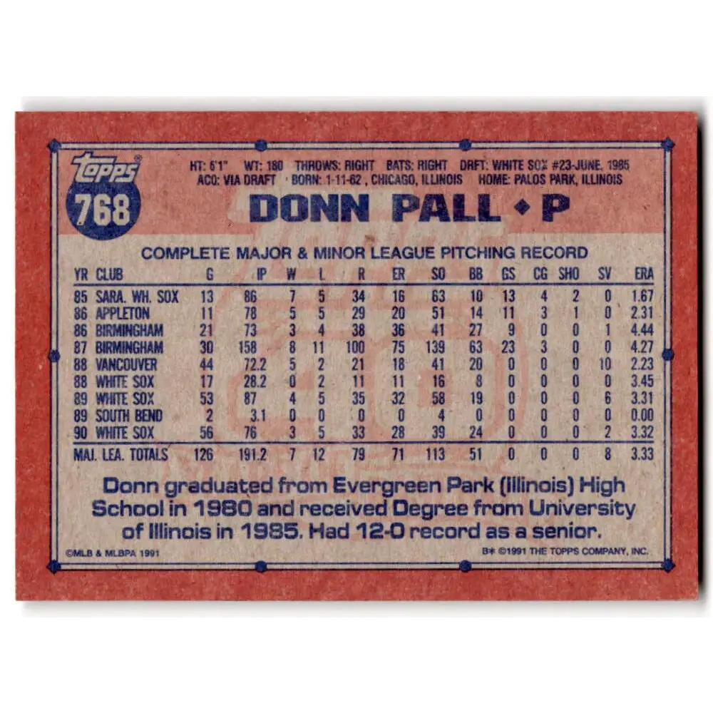 1991 Topps #768 Donn Pall NM-MT Chicago White Sox Baseball Card  Image 2