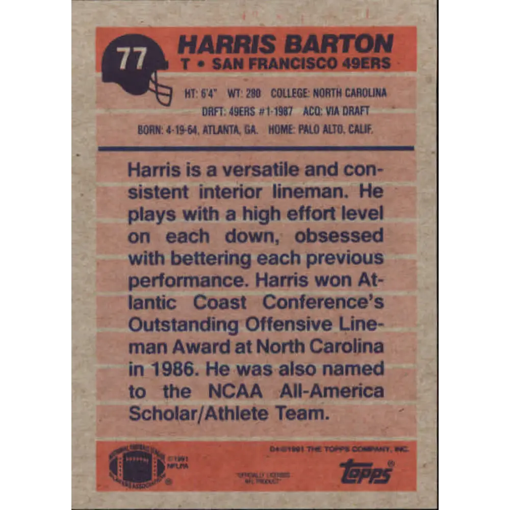 1991 Topps #77 Harris Barton NM-MT San Francisco 49ers Football Card  Image 2