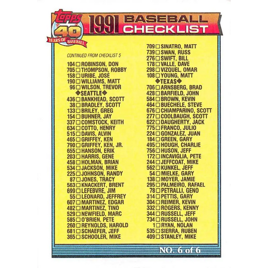 1991 Topps #787 Checklist #6 NM-MT Checklist Baseball Card  Image 1