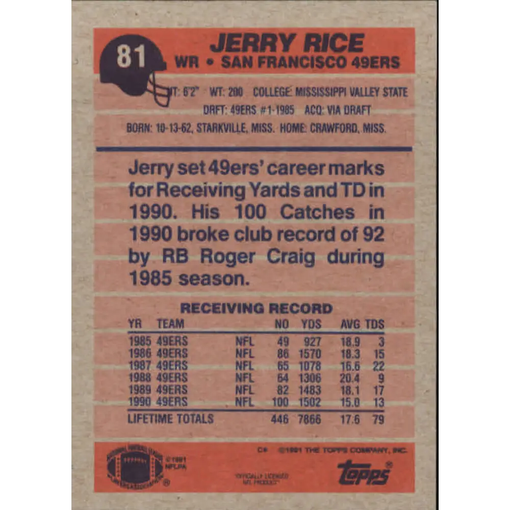 1991 Topps #81 Jerry Rice NM-MT San Francisco 49ers Football Card  Image 2