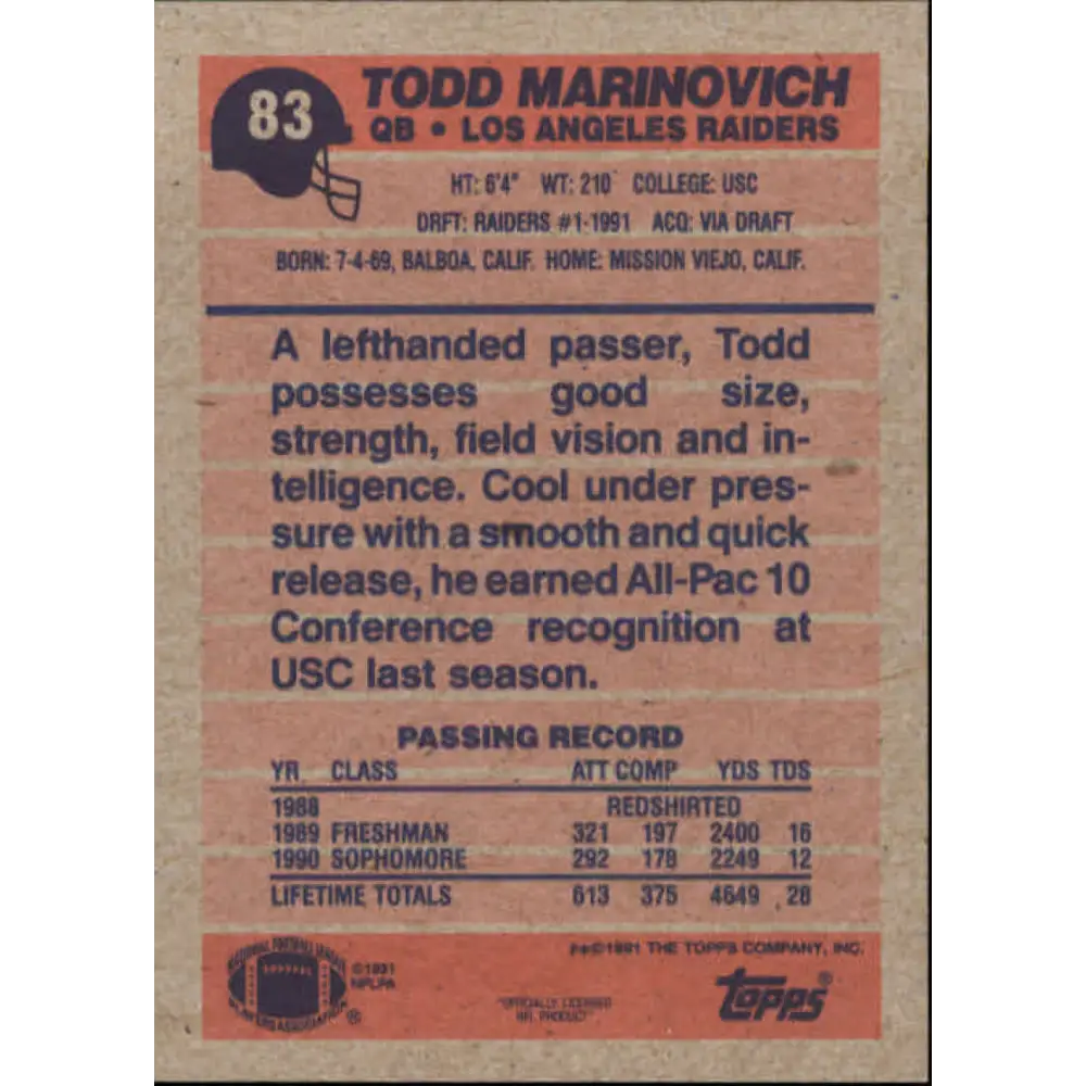 1991 Topps #83 Todd Marinovich NM-MT RC Rookie Los Angeles Raiders Football Card  Image 2