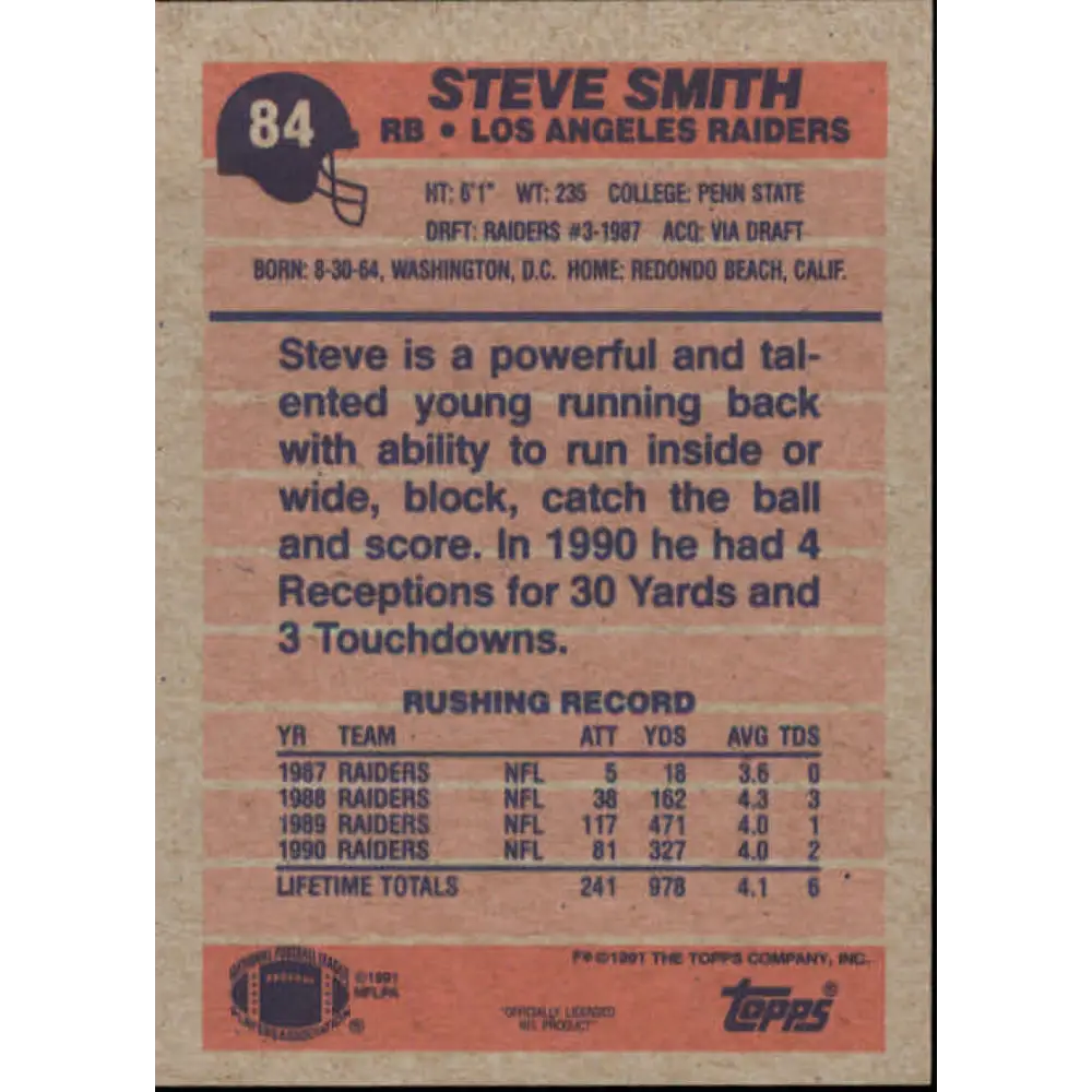 1991 Topps #84 Steve Smith NM-MT Los Angeles Raiders Football Card  Image 2