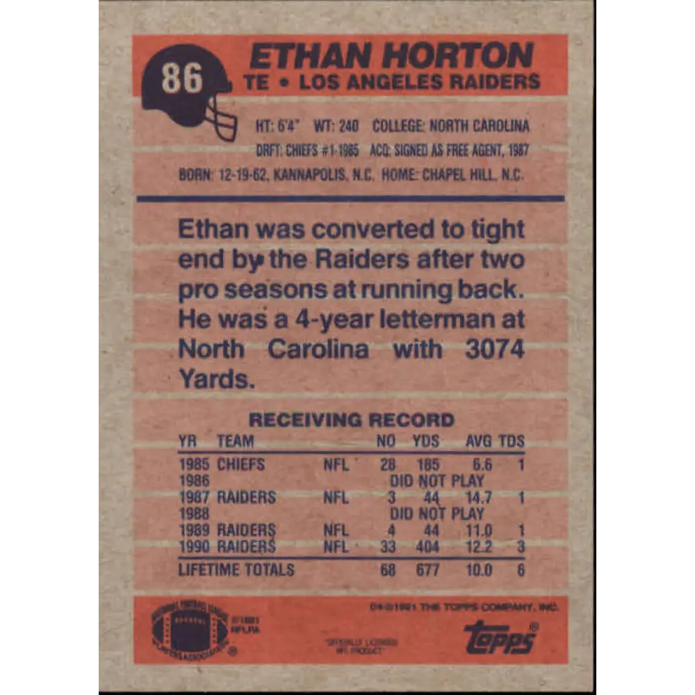 1991 Topps #86 Ethan Horton NM-MT Los Angeles Raiders Football Card  Image 2