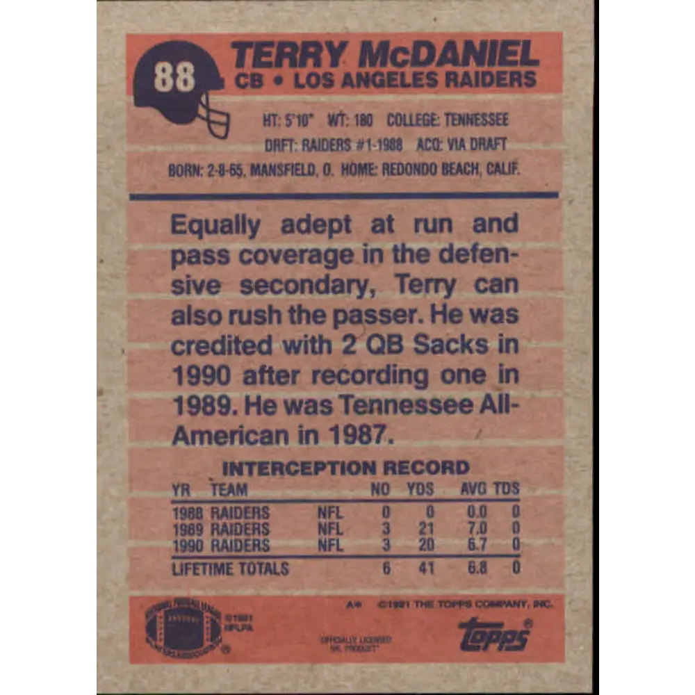 1991 Topps #88 Terry McDaniel NM-MT Los Angeles Raiders Football Card  Image 2