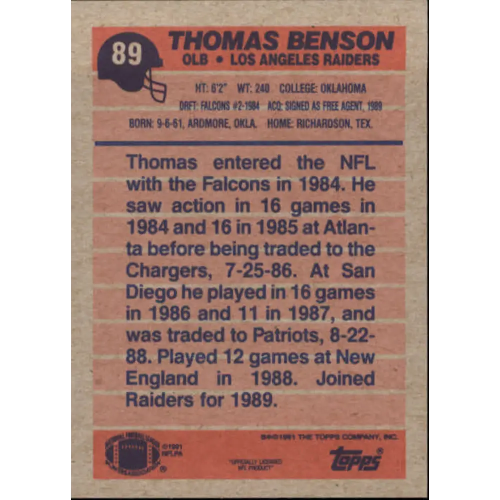 1991 Topps #89 Thomas Benson NM-MT Los Angeles Raiders Football Card  Image 2