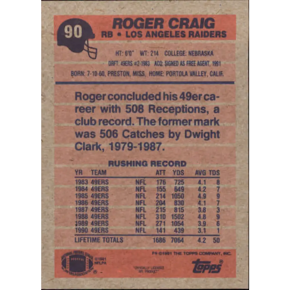 1991 Topps #90 Roger Craig NM-MT Los Angeles Raiders Football Card  Image 2